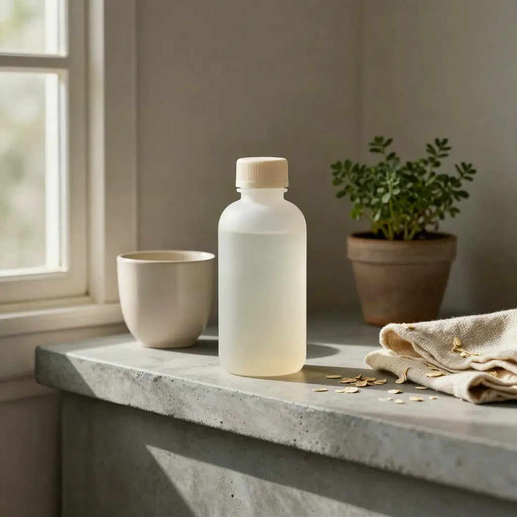 Capsule bottle with ceramic cup, plant and folded cloth on a stone vanity ledge