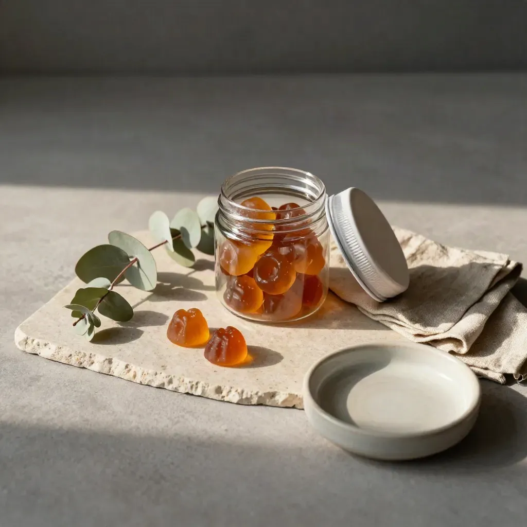 Overhead sleep support gummies, linen, eucalyptus, and ceramic dish on pale stone.