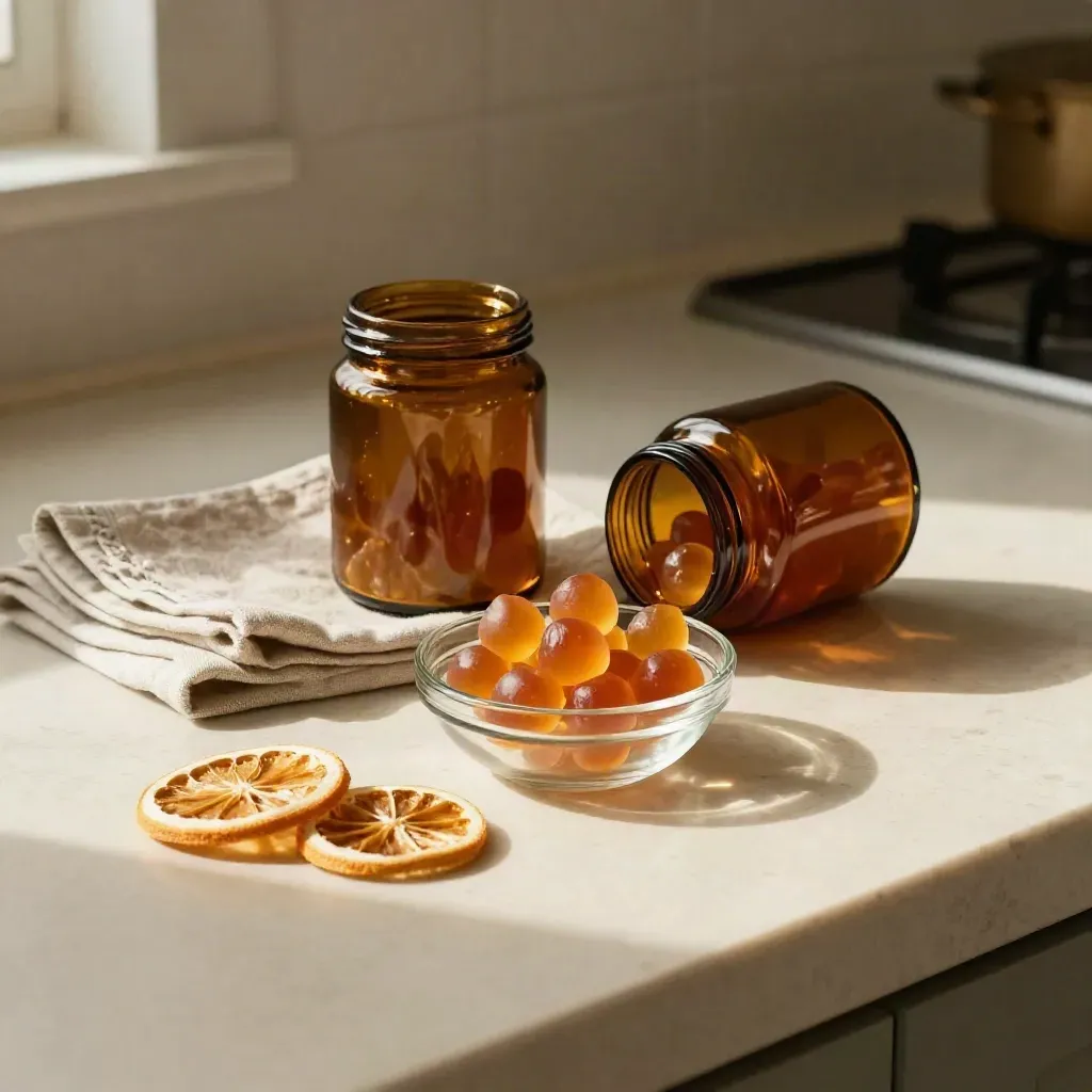 Berry CBD gummies in glass dish with linen napkin and dried citrus on a sunlit counter