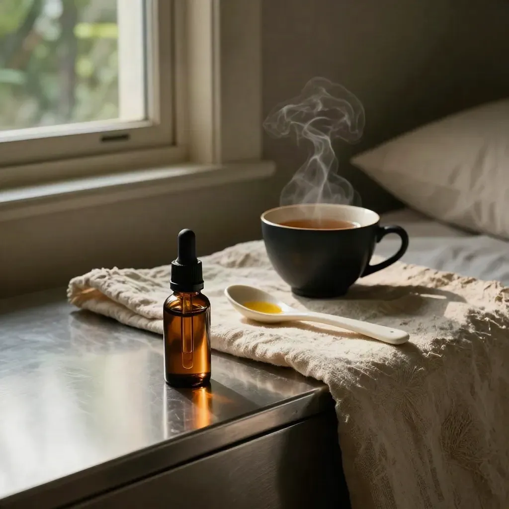 Oil bottle, tea cup, spoon and steam on a moonlit bedside shelf