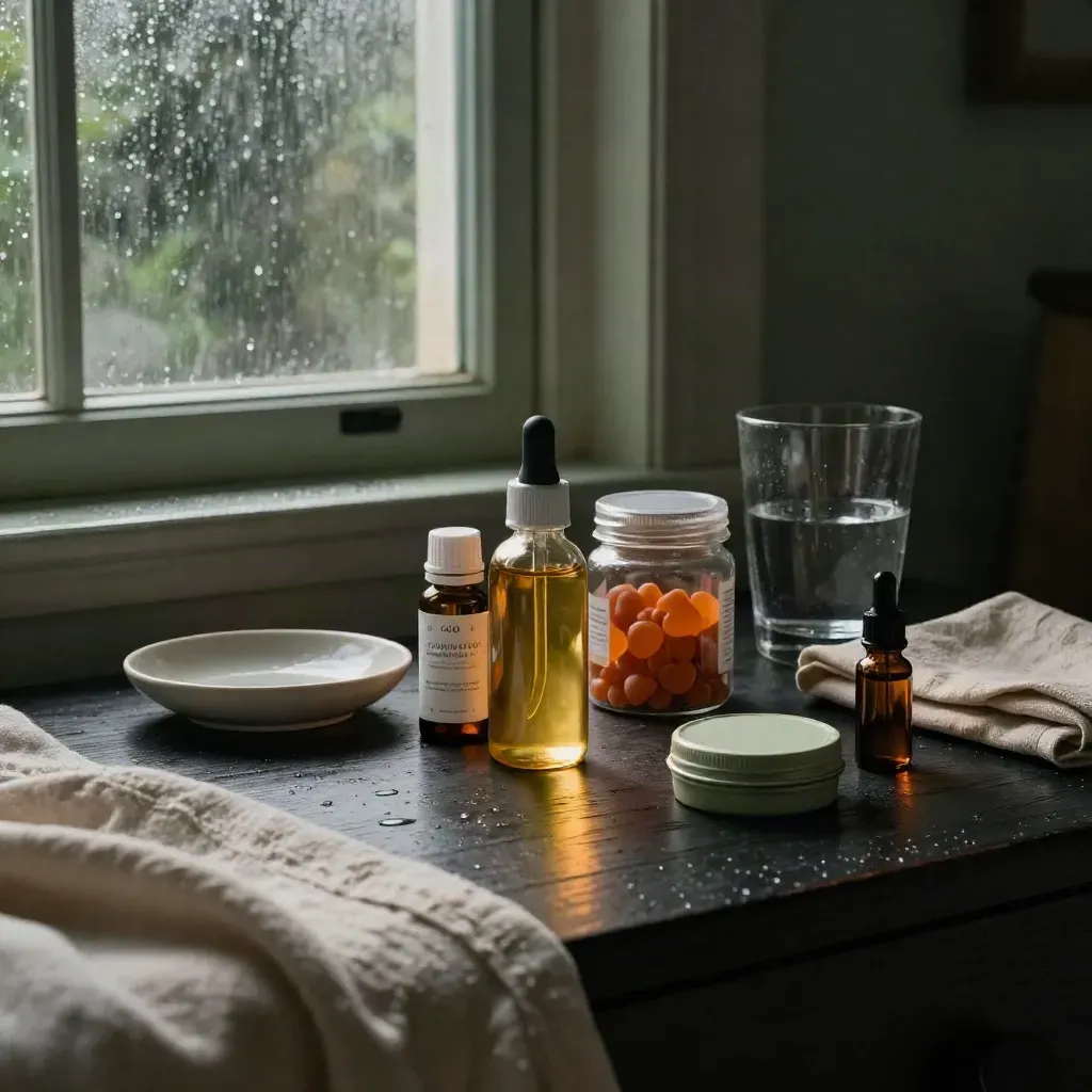 CBD wellness products on a rain-dark bedside table by a misty window at night
