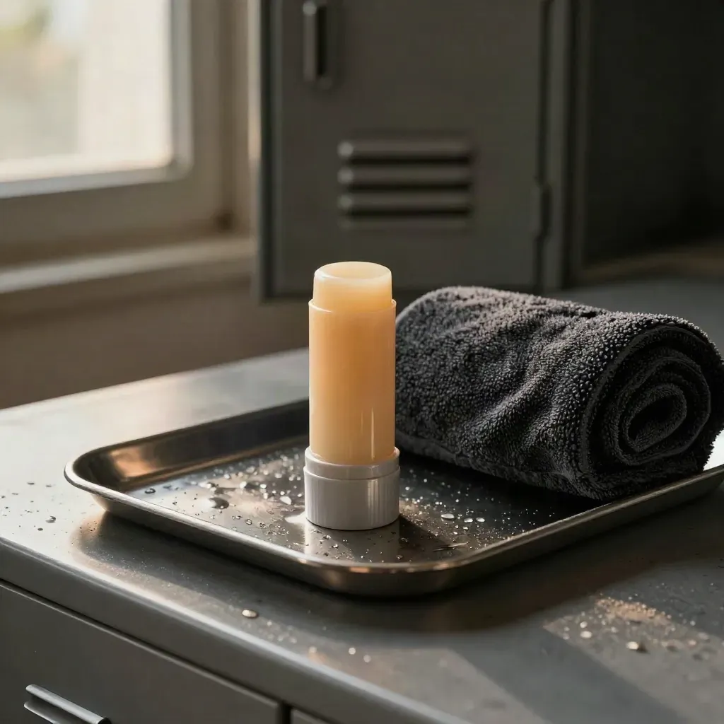 Open recovery balm stick with towel and metal tray on a gym bench in cool evening light.