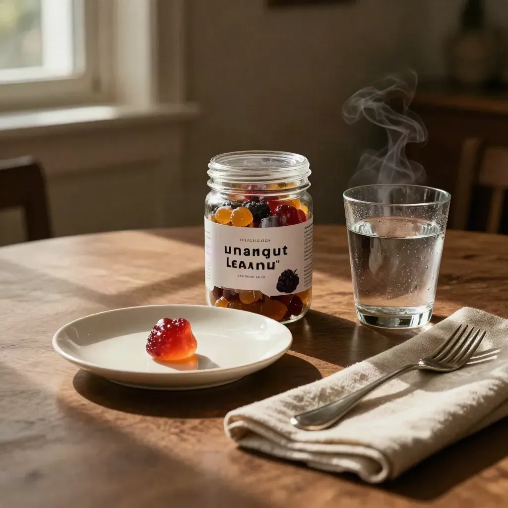 Berry gummies jar beside a single gummy on a porcelain plate and a half-full water glass at dinner.