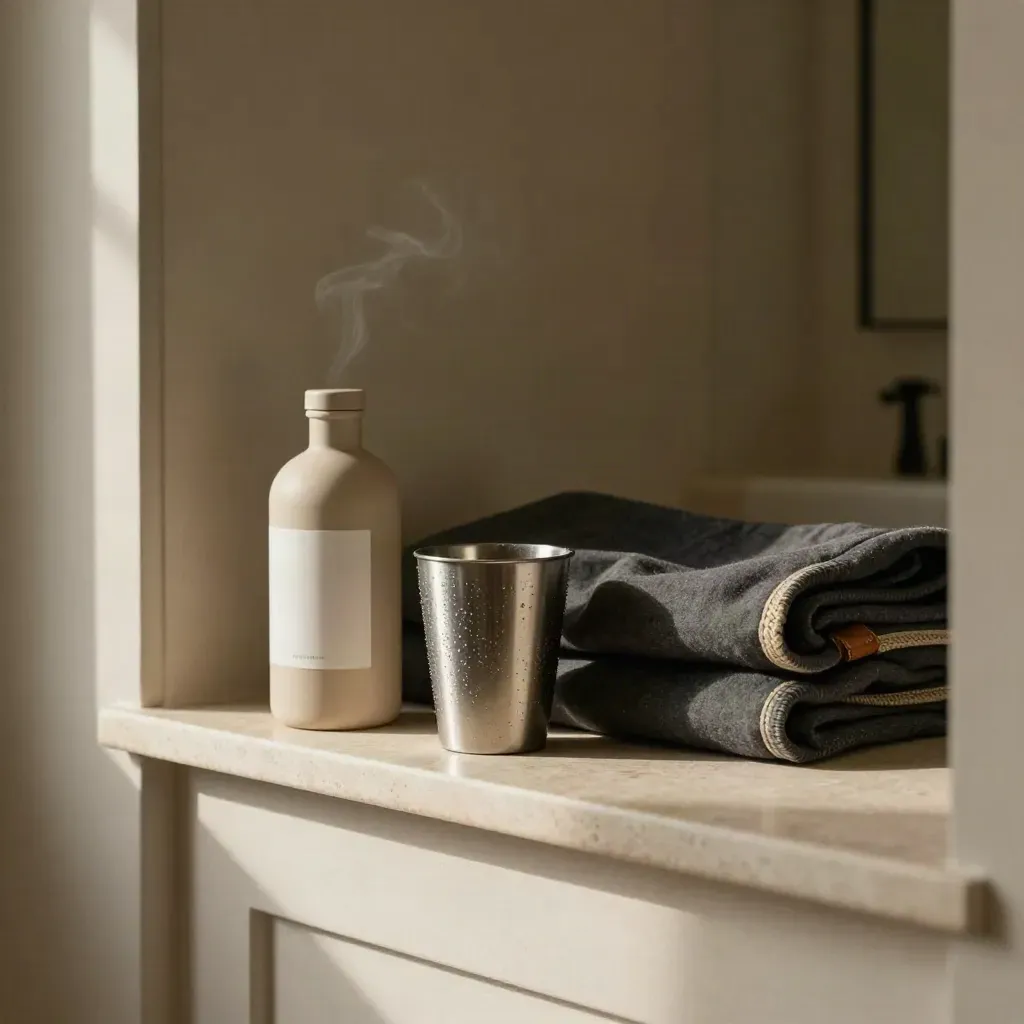 Capsule bottle, steel tumbler, and folded tote on a travertine entry shelf in morning light.
