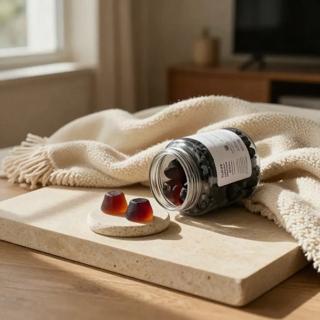 Top-down shot of sleep gummies jar, two gummies on a stone saucer, and a wool blanket on a sofa arm.