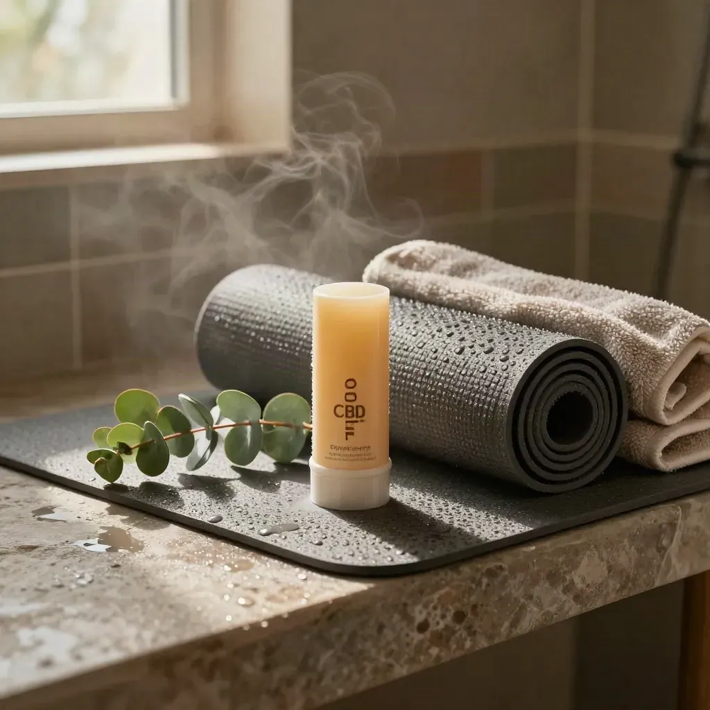 Low bathroom-bench hero with sore balm, rolled mat, eucalyptus, towel and steam.