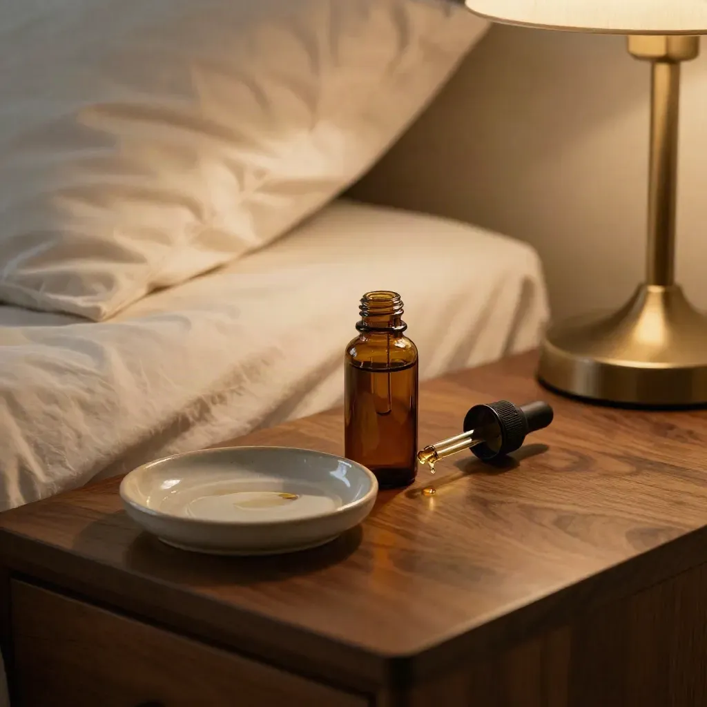 Sleep oil bottle, dropper, ceramic ring dish and rumpled pillow on a walnut nightstand.