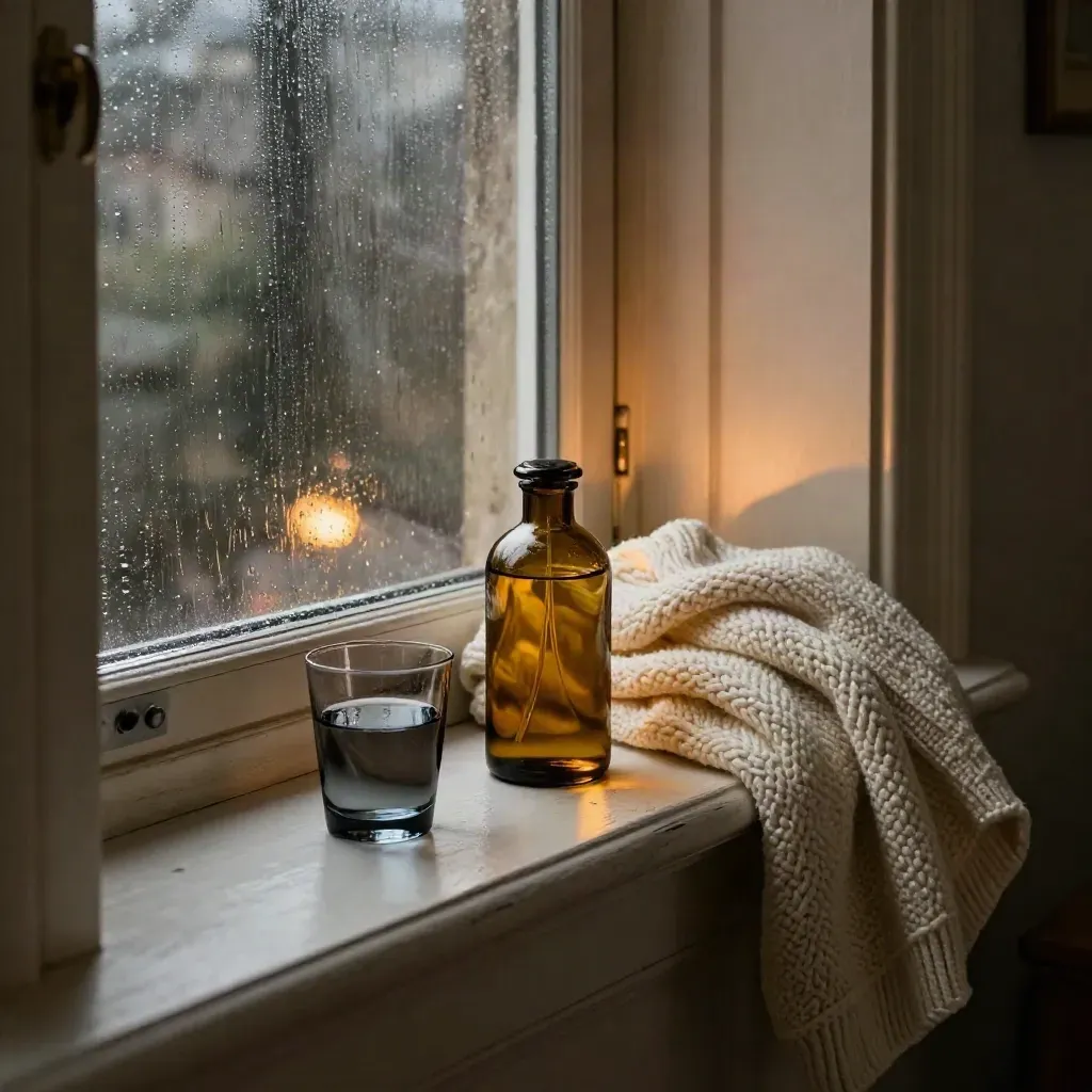 CBD night oil, water cup, and knit throw on a rainy dormer windowsill at night