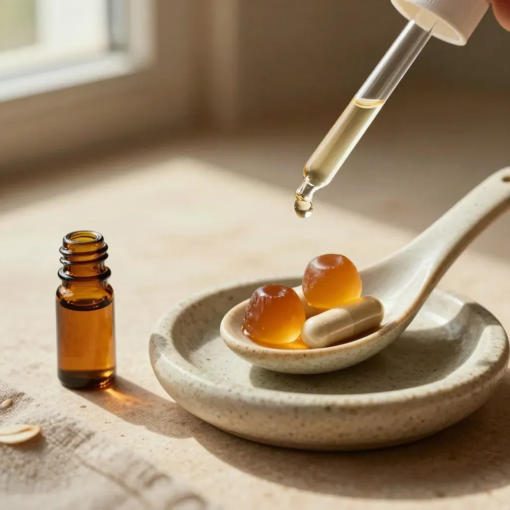 Overhead macro of CBD oil, gummies, capsules, spoon and stone dish in a warm stepped layout