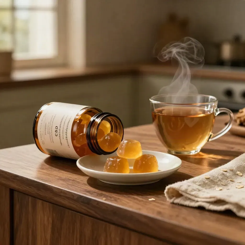 Open sleep gummies jar, single gummy, tea and linen napkin on a warm sideboard.
