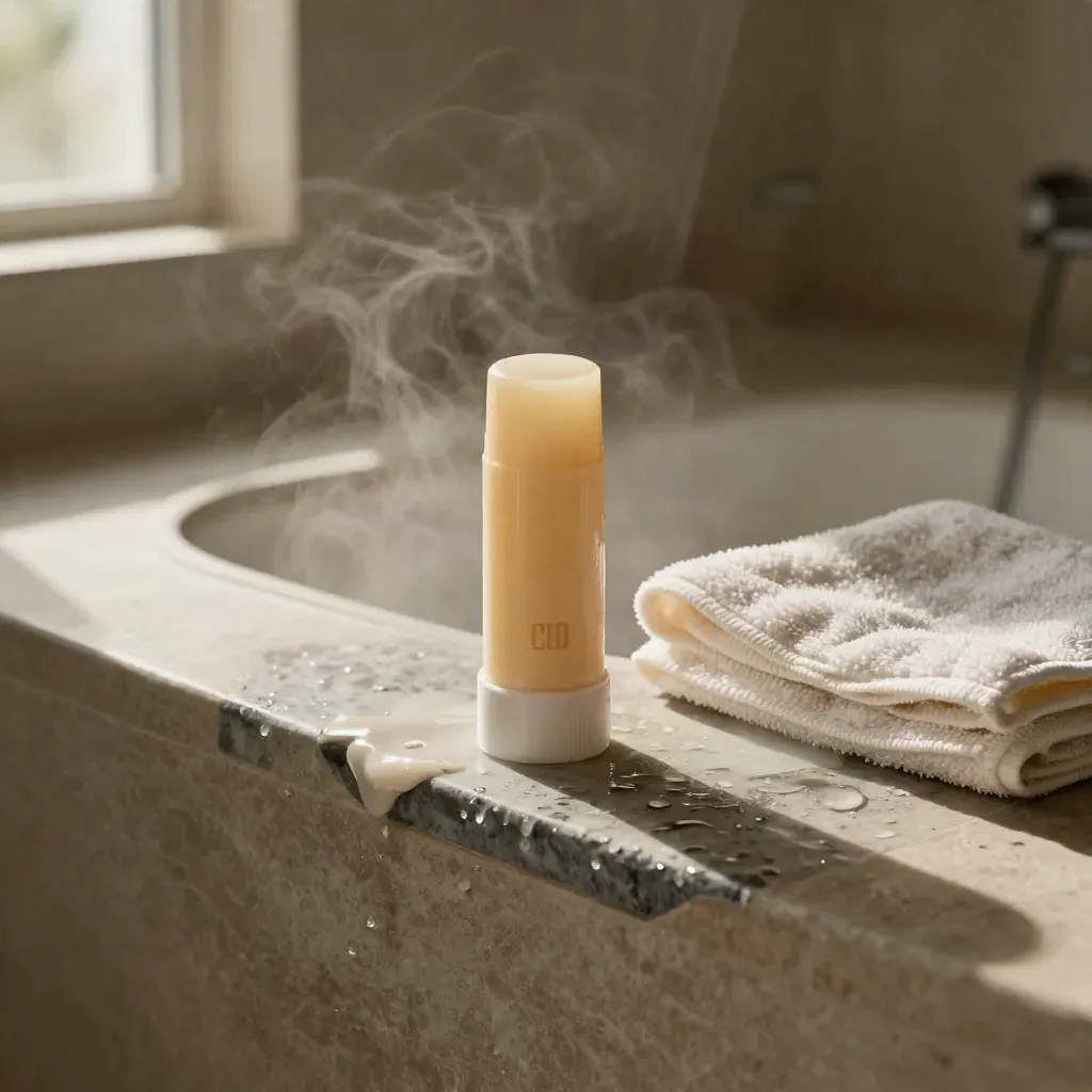 Balm stick and damp towel on a steamy bathroom ledge beside a shower.