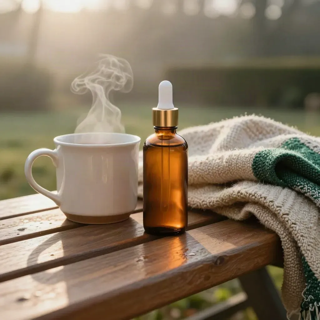 CBD oil bottle, mug, and folded blanket on a misty bench at sunrise