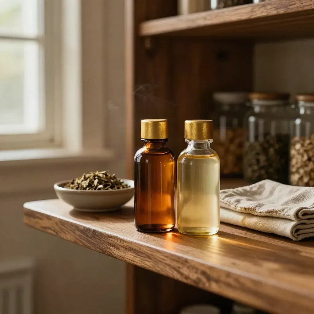 Two CBD oil bottles with herbs on a warm pantry shelf in soft window light.