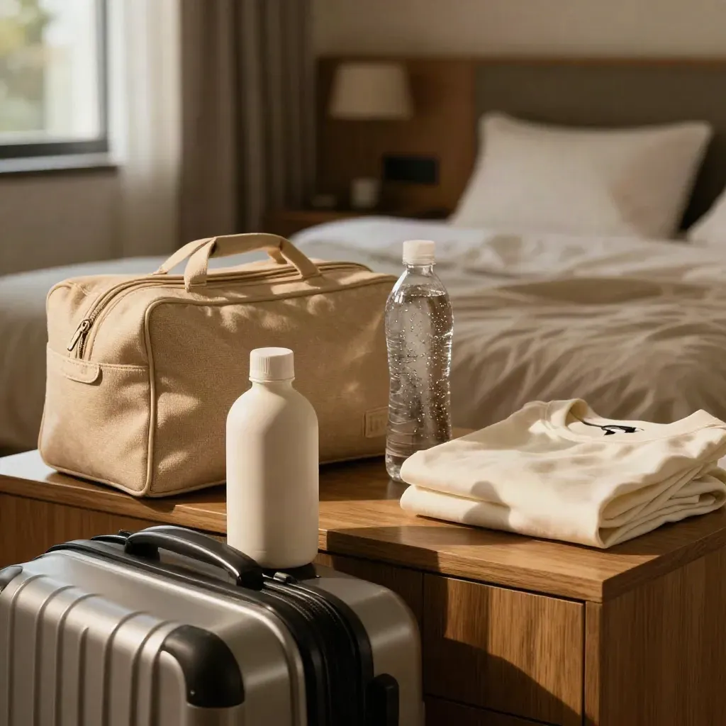 Capsule bottle, travel pouch, water bottle, and folded shirt on a hotel nightstand at dawn.