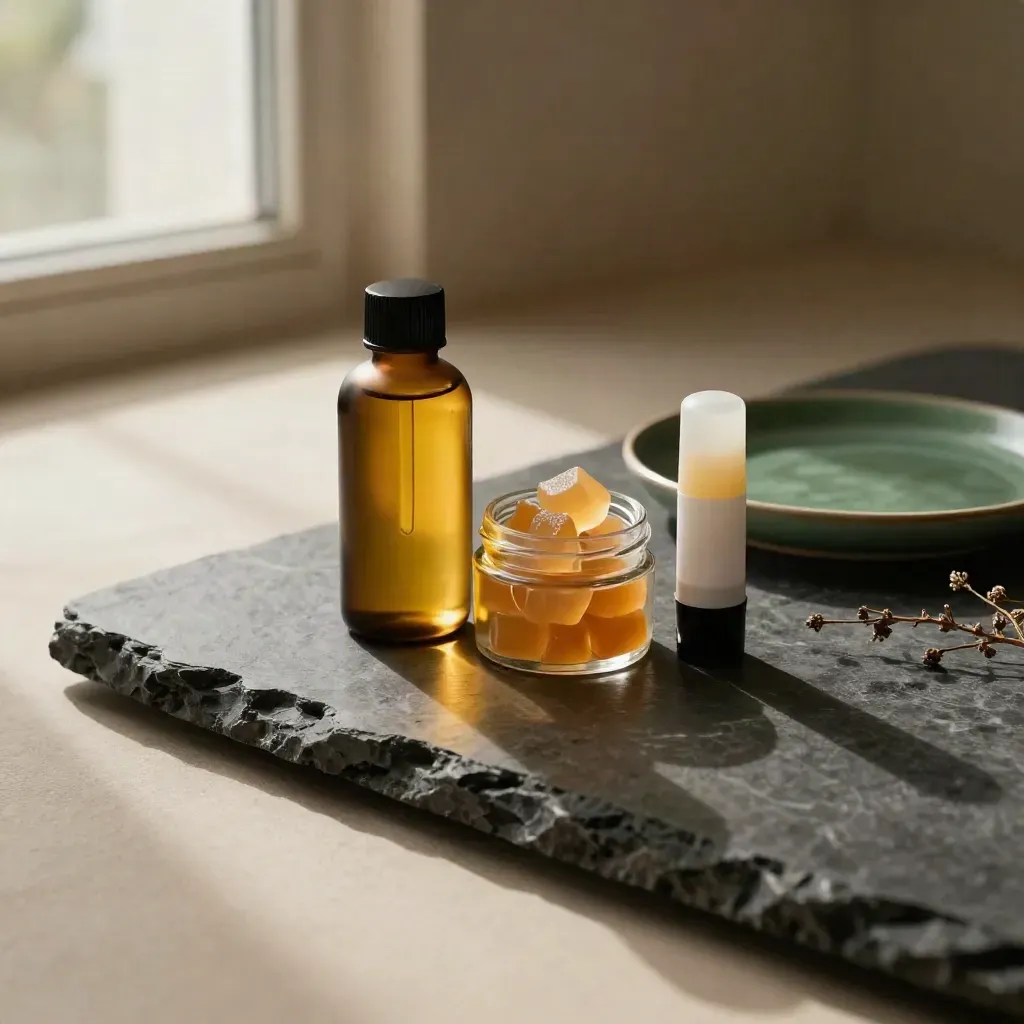CBD oil, gummies and topical stick on dark stone in calm, sleep and recovery zones