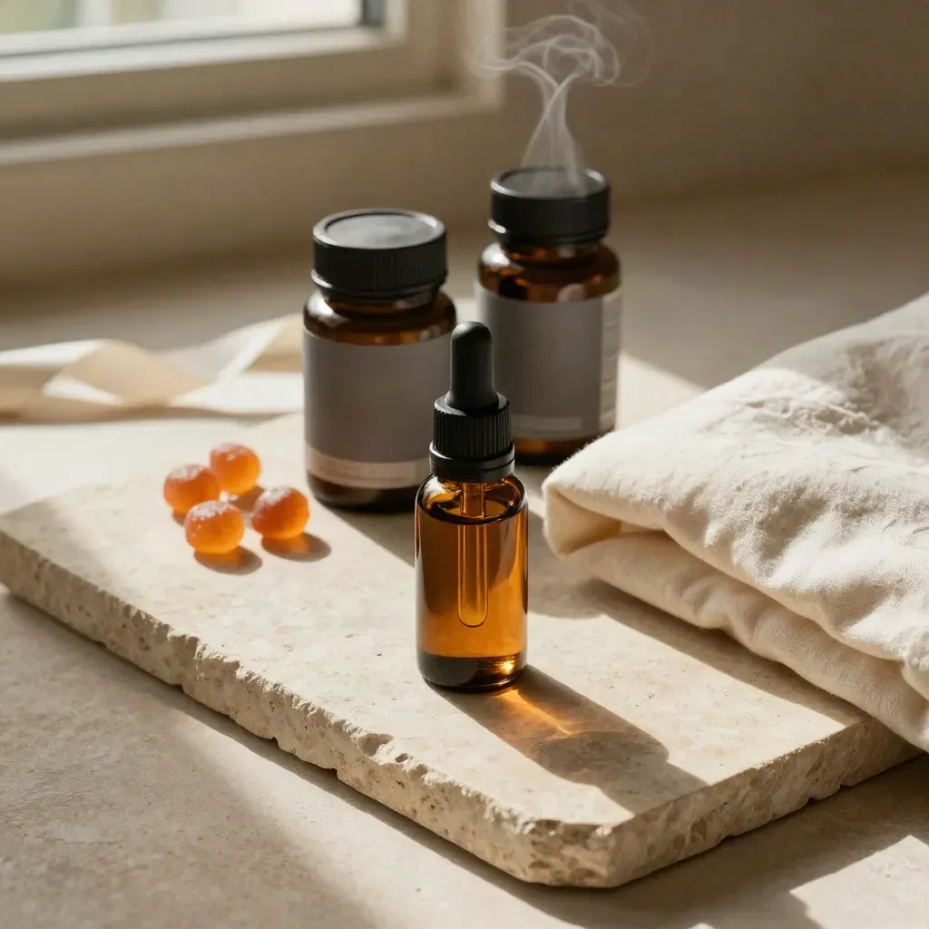 Overhead sleep routine flatlay with oil bottle, gummies jar, capsule bottle and folded duvet edge.
