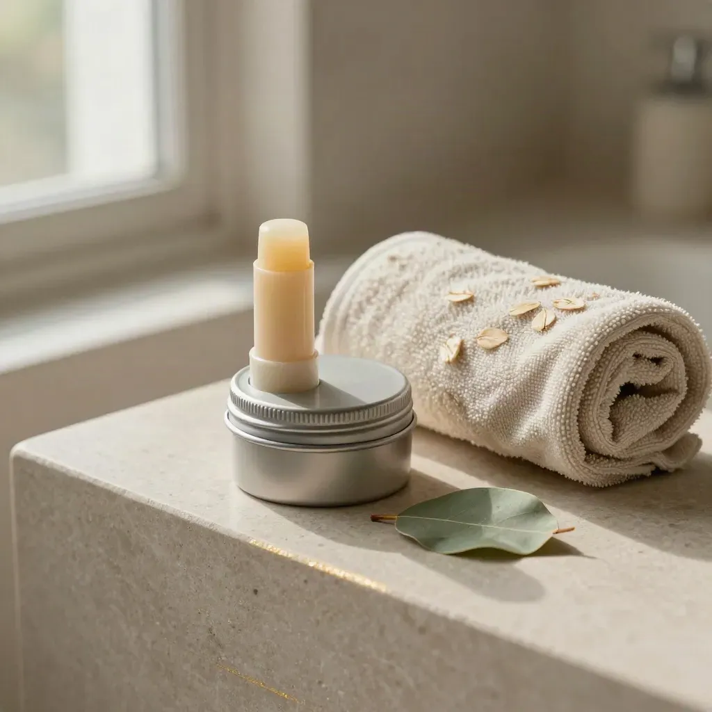 Balm stick, cream tin, towel, and eucalyptus leaf on a stone vanity in cool haze.